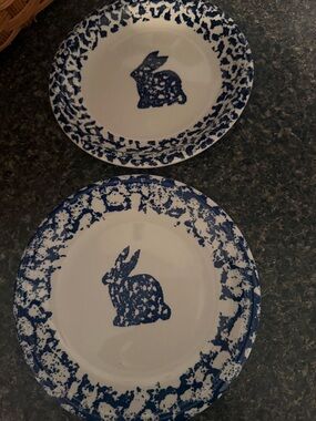 Blue Bunny Pattern Ceramic Dessert Plates - White and Blue